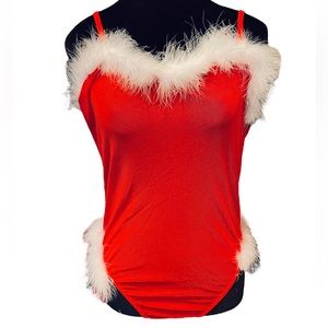 Christmas Santa Baby Holiday Stretch Sheer Mesh Feather Sexy Lingerie Bodysuit